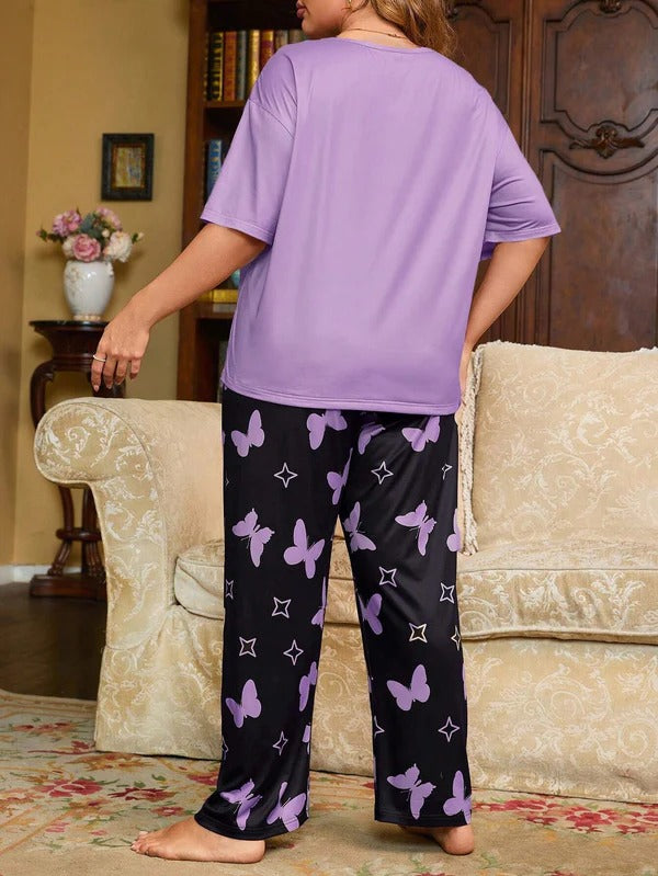 Purple Heart & Butterfly Printed Night Suit
